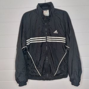 Vintage Adidas full zip up windbreaker jacket. Black body with white details.